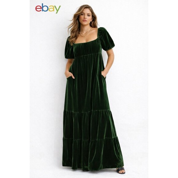 ANTHROPOLOGIE maxi dress velvet green 10 milkmaid puff sleeve pockets boho  - mordernwear.com